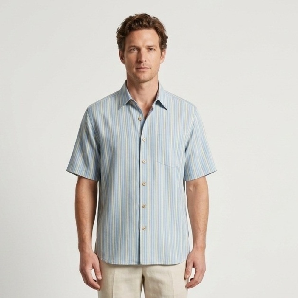 Tommy Bahama Mens XL Silk Short Sleeve Button Up Striped Camp Shirt‎ Blue Yellow